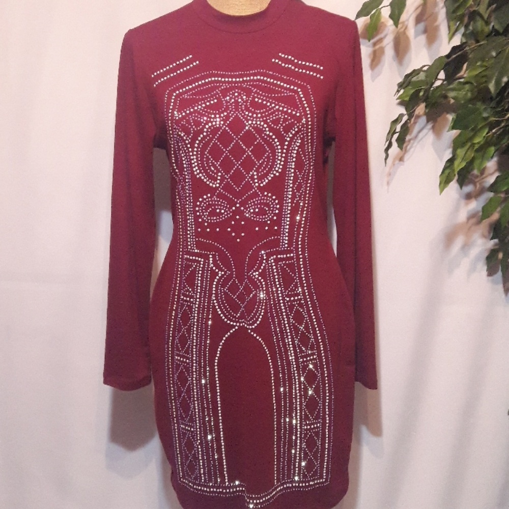 NWOT Dress L Sparkling stretch burgundy midi